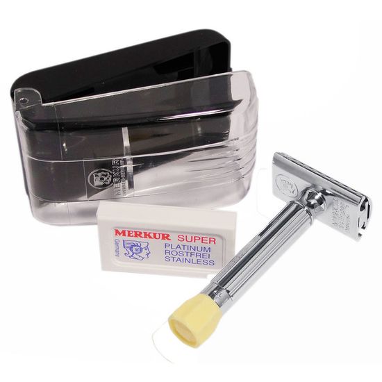 Т-образная бритва (станок) для бритья Merkur Progress хромированный в дорожном кейсе