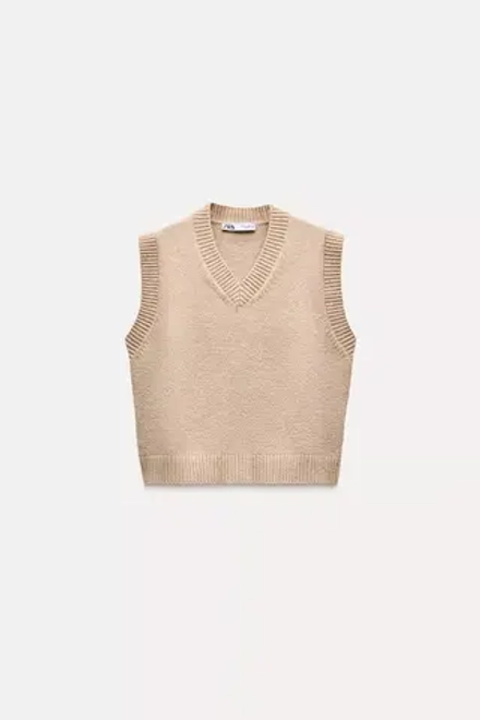 ZARA ОДНОТОННЫЙ ТРИКОТАЖНЫЙ ЖИЛЕТ, МЯГКИЙ КАШТАНОВЫЙ