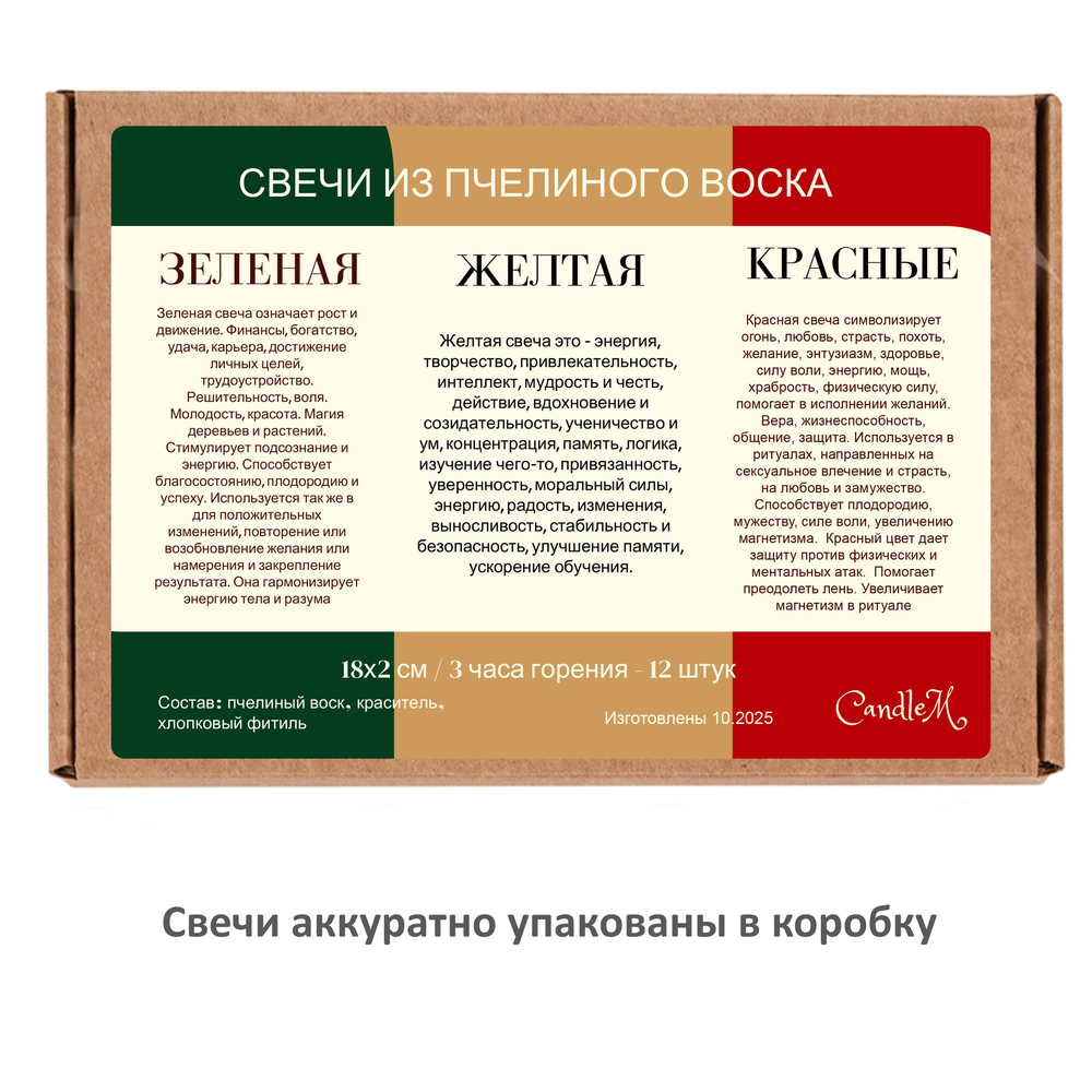 Свечи восковые красные. зеленые, желтые 12 штук , 18х2 см