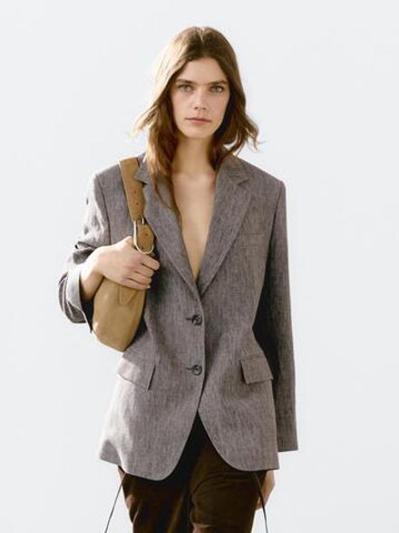 Massimo Dutti Пиджак из 100% льна с меланжевым узором, кротово-коричневый