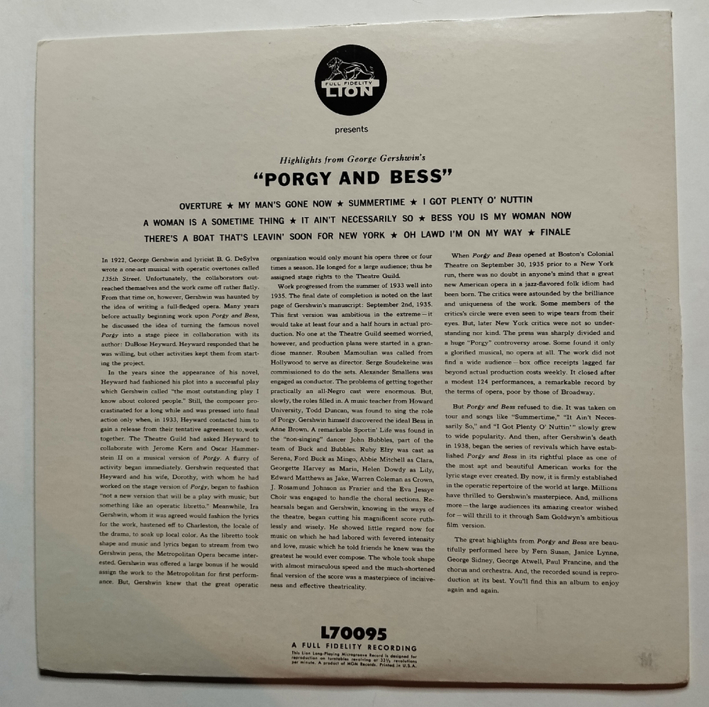 Винтажная виниловая пластинка LP Selections From George Gershwins Porgy and Bess (USA 1975)