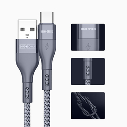 Кабель покрытый нейлоном серого цвета 100см с разъемом USB A на USB Type-C с быстрой зарядкой PD 12W от Duzzona, серия A8 Cable