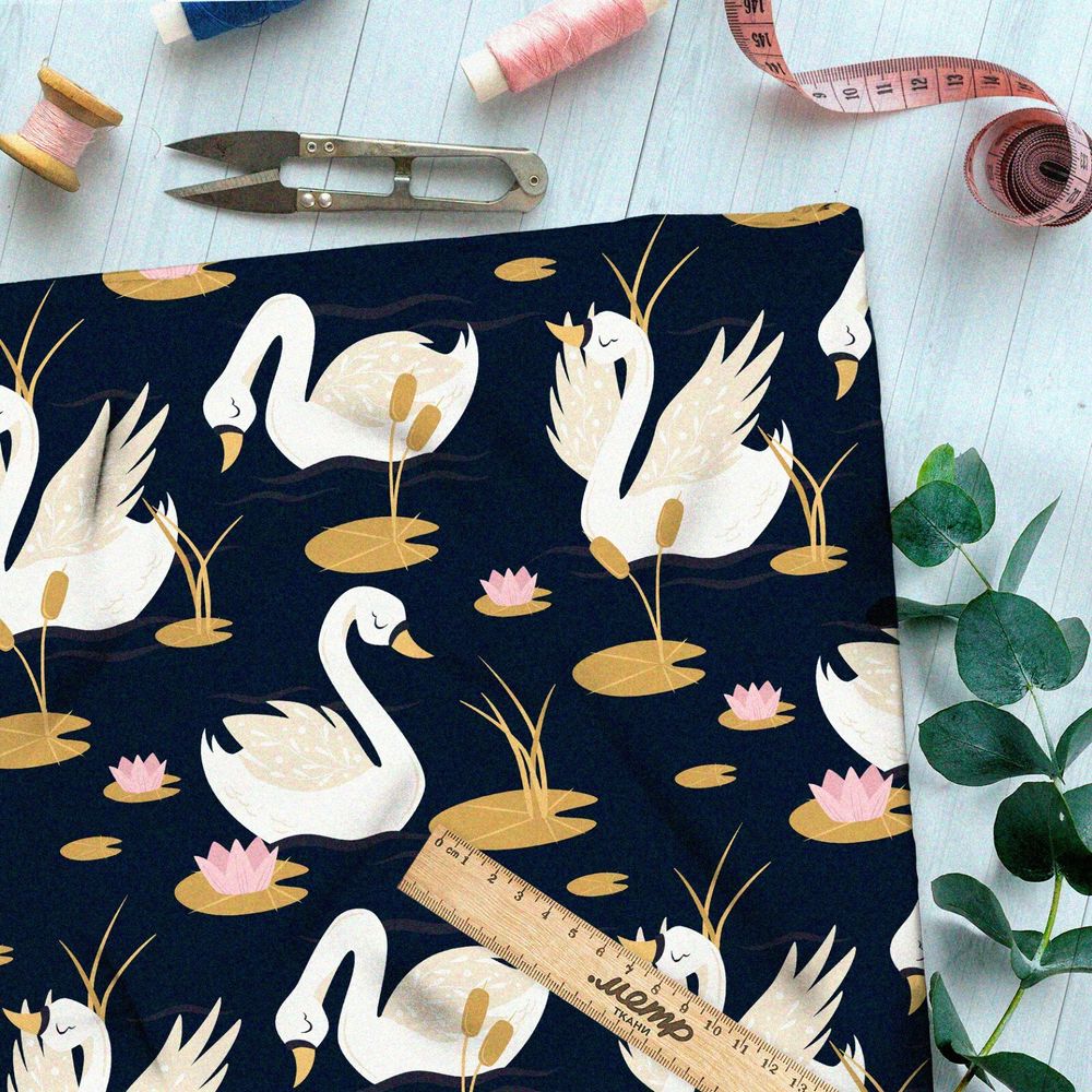 Ткань таффета белые лебеди с кувшинками на чёрном фоне