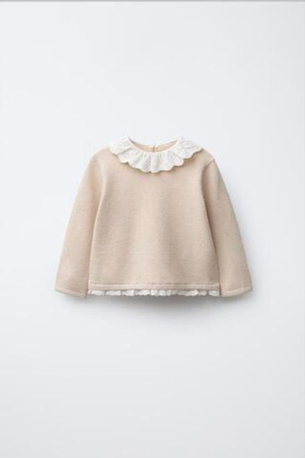 ZARA ВЯЗАНЫЙ ДЖЕМПЕР С КРУЖЕВОМ, СВЕТЛО-БЕЖЕВЫЙ