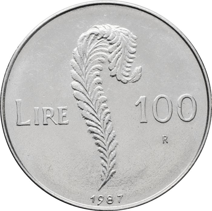 100 лир 1987 Сан-Марино, 15 лет возобновлению чеканке монет