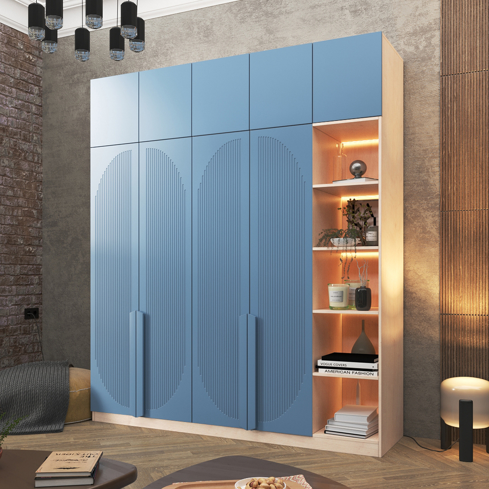 Шкаф Агератум МДФ четырехсекционный с антресолью и стеллажом Сапфир структурный (0,3) G4018-62A матовая - Дуб молочный 8622  260*60*240