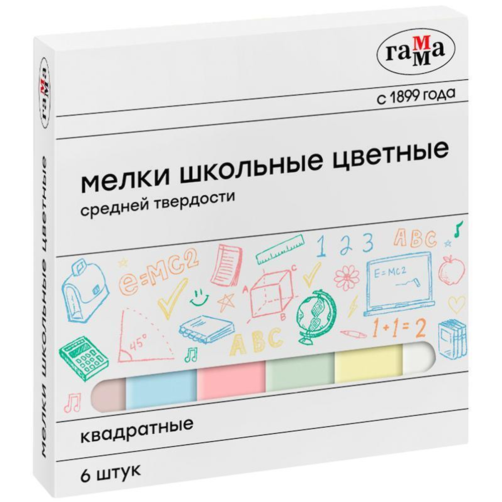 Мел цветной 6шт. средней твердости, квадратные, коробка (Гамма)