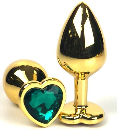 Золотистая анальная пробка с зеленым кристаллом-сердцем - 6,5 см. (Цвет: зеленый)