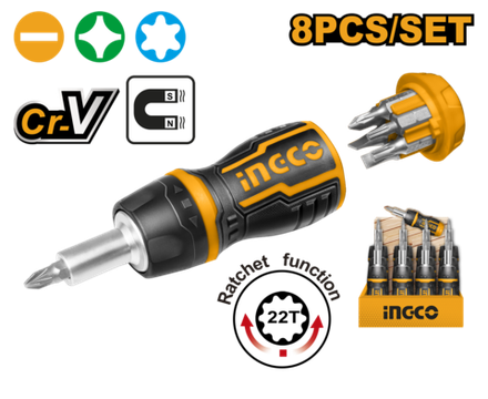 Отвертка со сменными насадками трещеточная 8 в 1 INGCO AKISDS1728