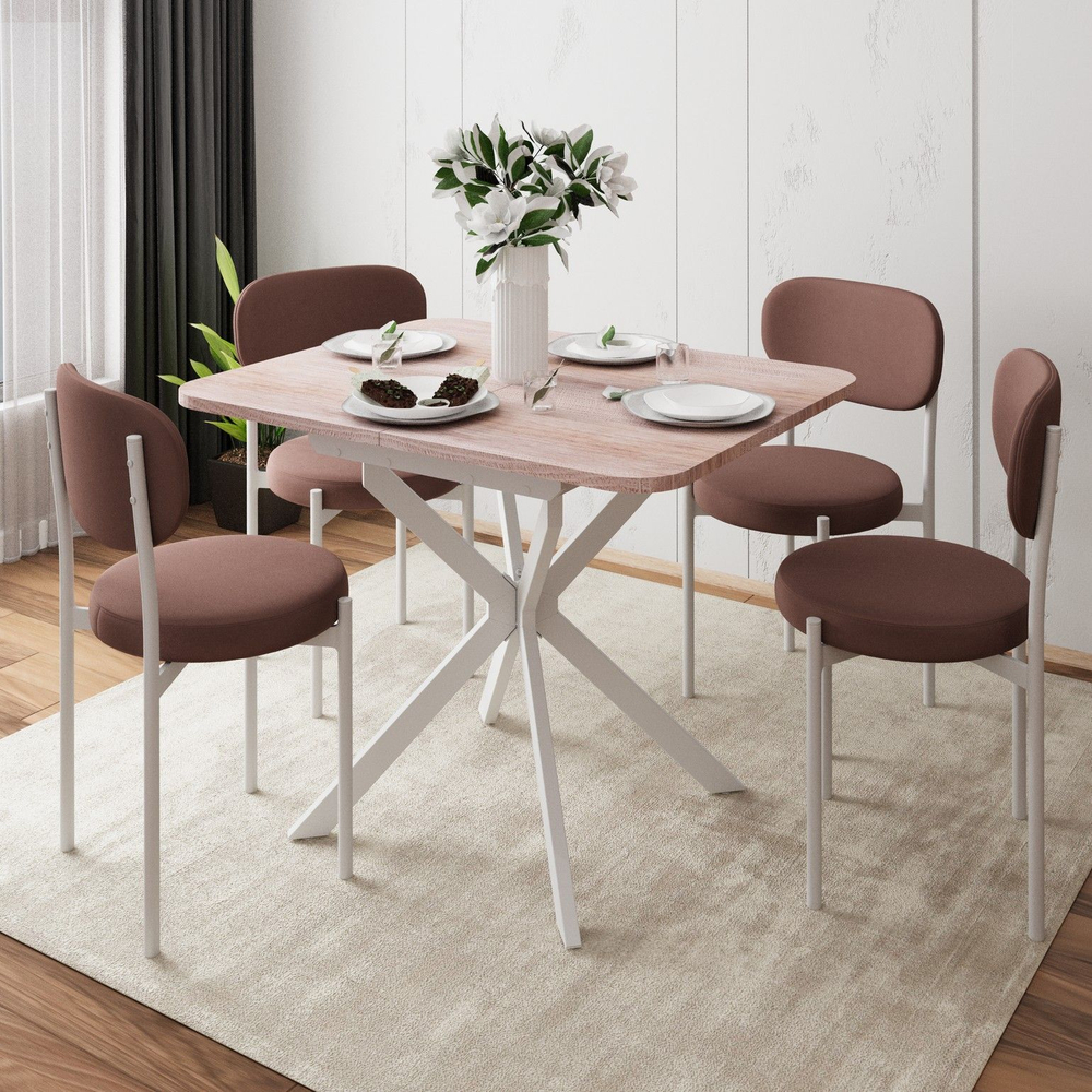 Стол Твист раздвижной (100+30) дуб эндгрейн / опоры белые