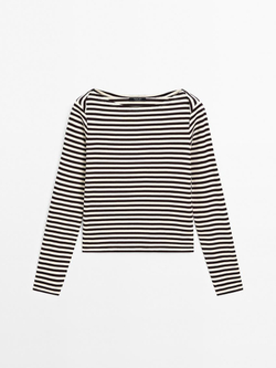 Massimo Dutti Футболка в полоску с деталью внахлест на плечах, коричневый