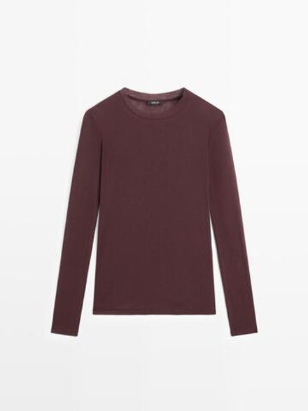 Massimo Dutti Футболка из 100% хлопка с деталями на воротнике, бургунди