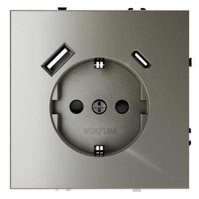 Розетка встраиваемая VOLTUM S70 с заземлением и защитными шторками, 16А, с USB, A+С, (шелк)