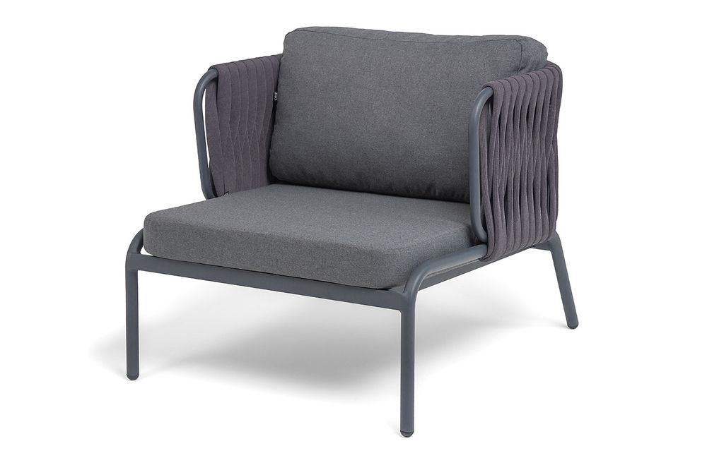 "Ронда" кресло плетеное из роупа, каркас алюминий темно-серый (RAL7024) муар, роуп серый 40 мм tex, ткань темно-серая 027