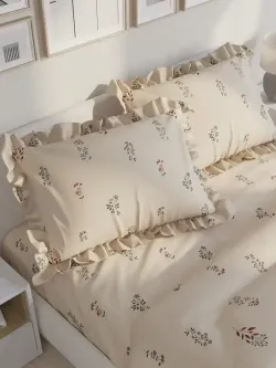 Декоративная наволочка с рюшами, оборками "Гербарий Эко" 40х60 см, 1 шт, без молнии