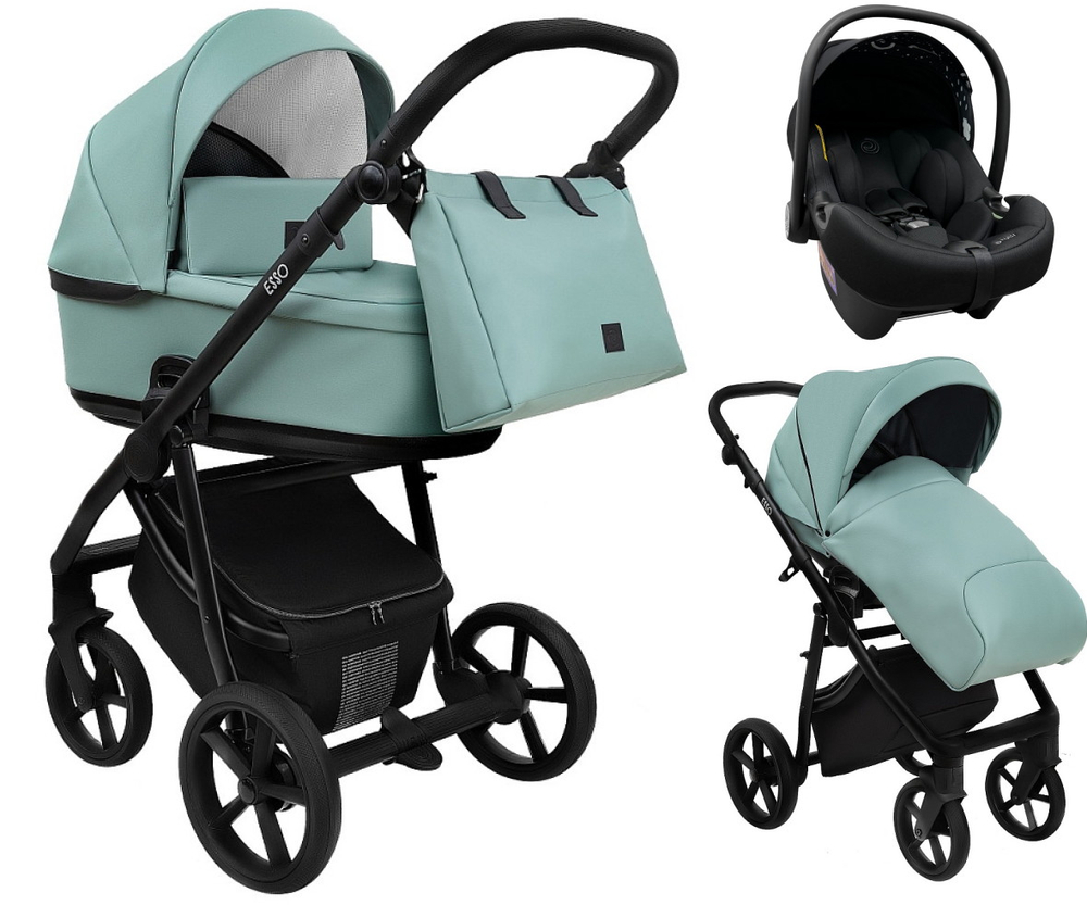 Детская коляска Roan Esso Кожа 3 в 1 с автокреслом Tutis Elo Lux EduSky Black ESSK/214/1 Misti Mint/Grey/руч.Черный