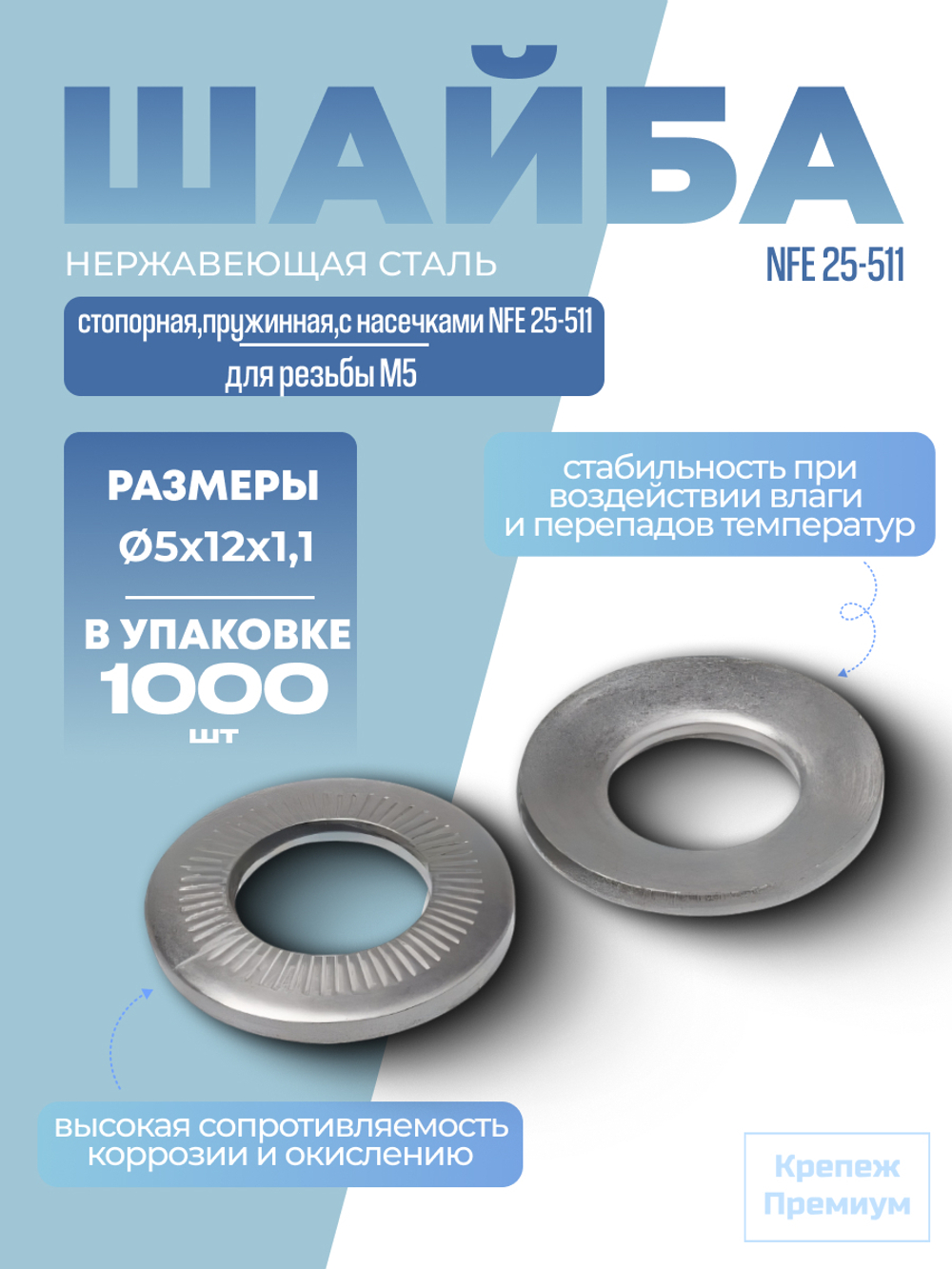Шайба А2 M 5х12х1,1 стопорная пружинная с насечками NFE 25-511 в упак 1000 шт