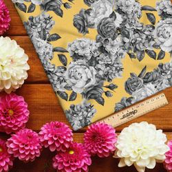 Ткань лен черно-белые розы