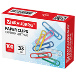 Скрепки BRAUBERG, 33 мм, 2 упаковки, цветные, 100 шт., в картонной коробке, 270444