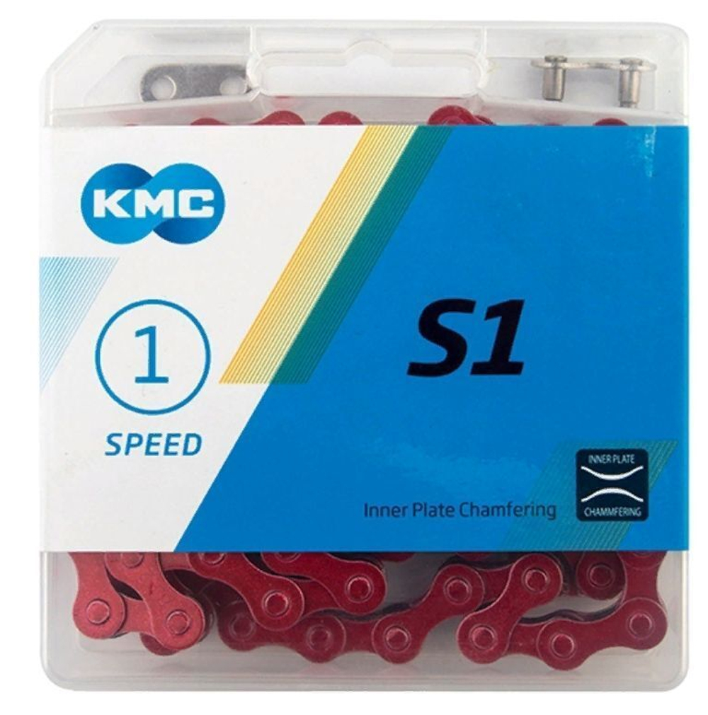 Цепь KMC S1 для 1 скорости, 1/2"х1/8", 112 звеньев, пин 8.7мм, с замком, красная (60)