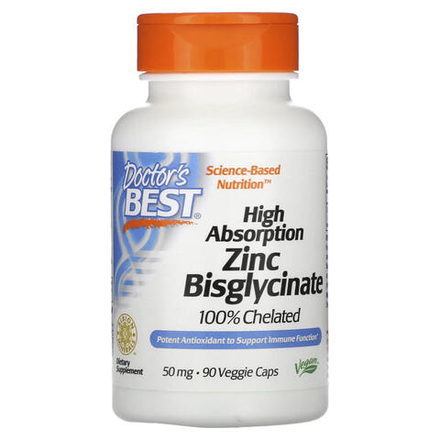 Doctor's Best, легкоусвояемый бисглицинат цинка, на 100% в хелатной форме, 50 мг, 90 вегетарианских капсул