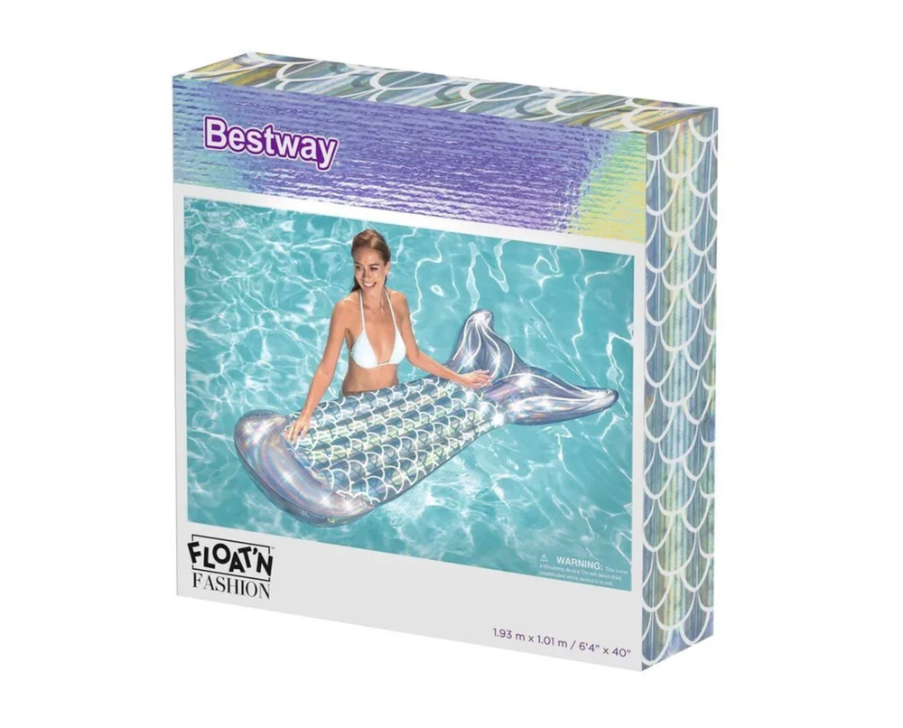 Матрас надувной для плавания Bestway 43413 Хвост русалки 193х101 см / Пляжный шезлонг плот радужный перламутровый для бассейна и моря Бествей