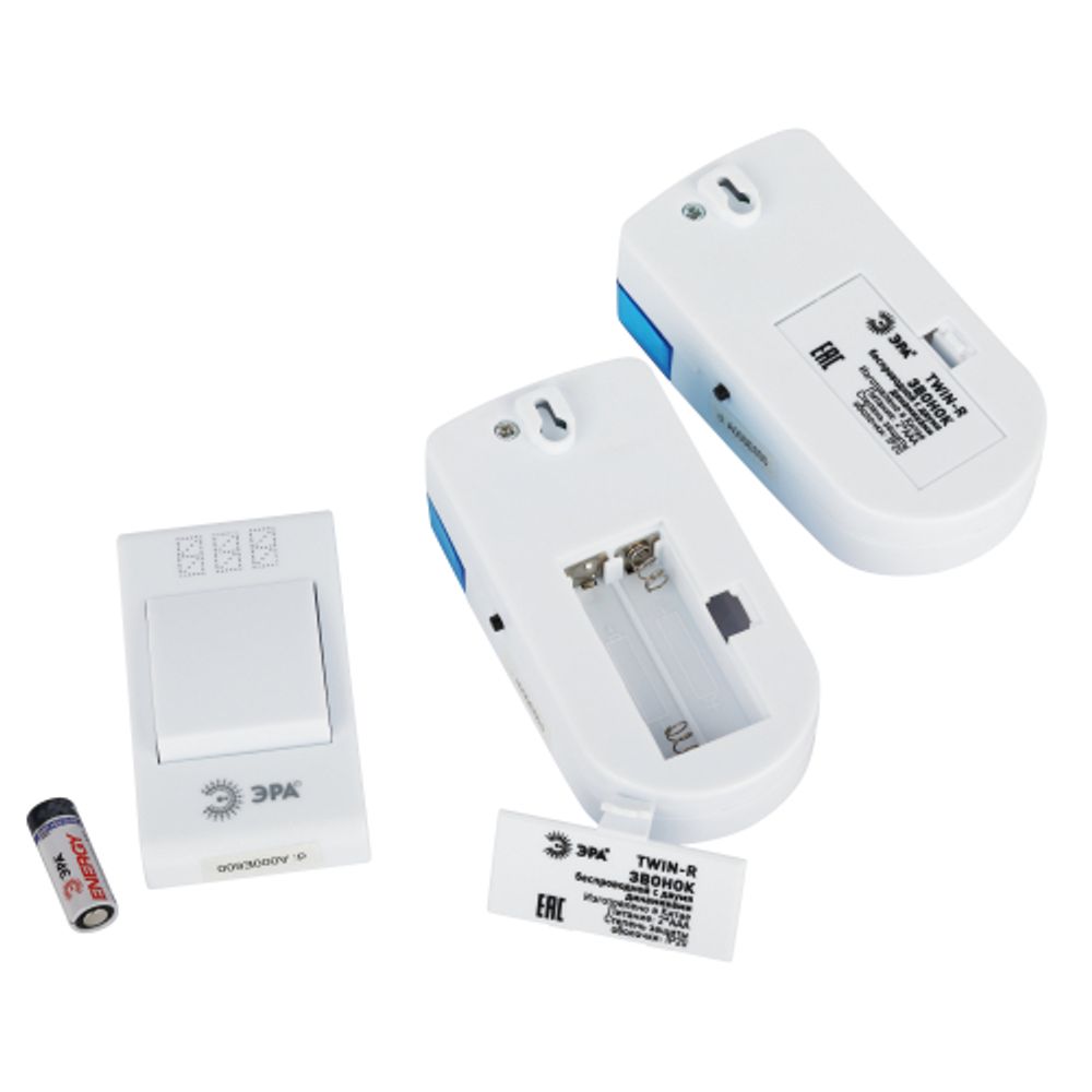 Звонок дверной ЭРА TWIN-R беспроводной два динамика белый с голубым 32 мелодии | Электрозвонки беспроводные