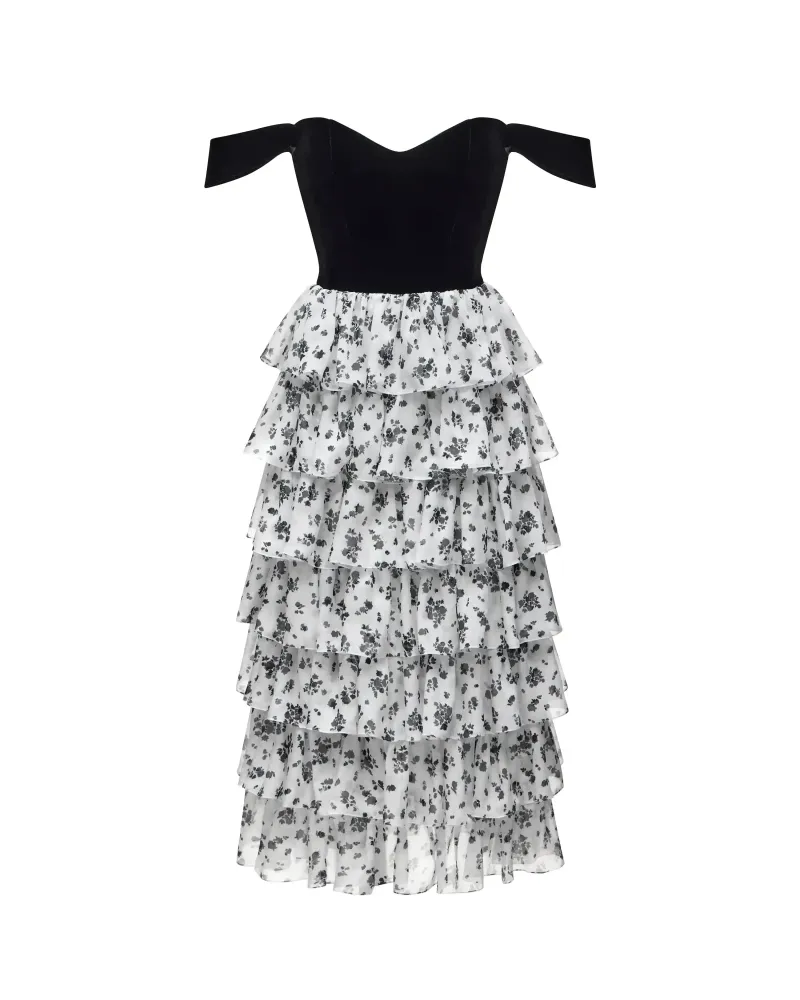 Lisen midi, платье корсетное миди из черного бархата и молочного шифона с цветочным принтом