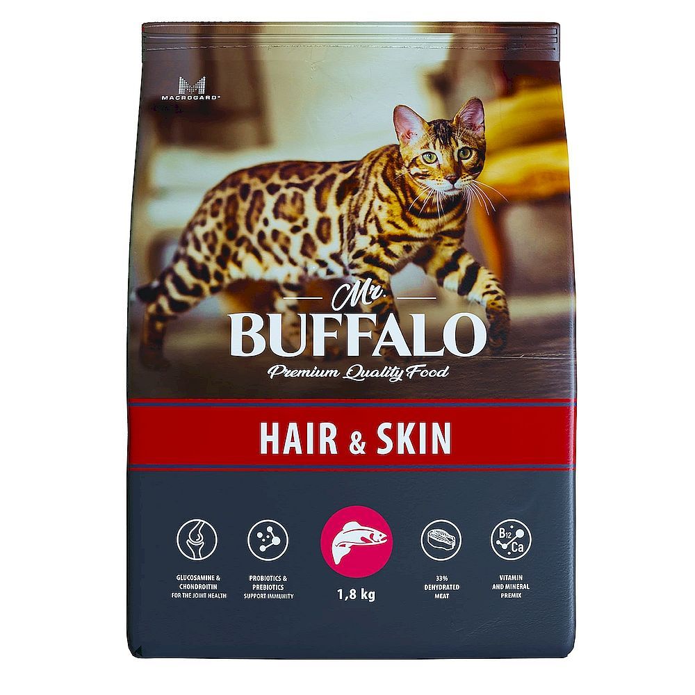 Сухой корм Mr.Buffalo ADULT HAIR &amp; SKIN для взрослых кошек с чувстительной кожей, лосось, пакет 1,8 кг