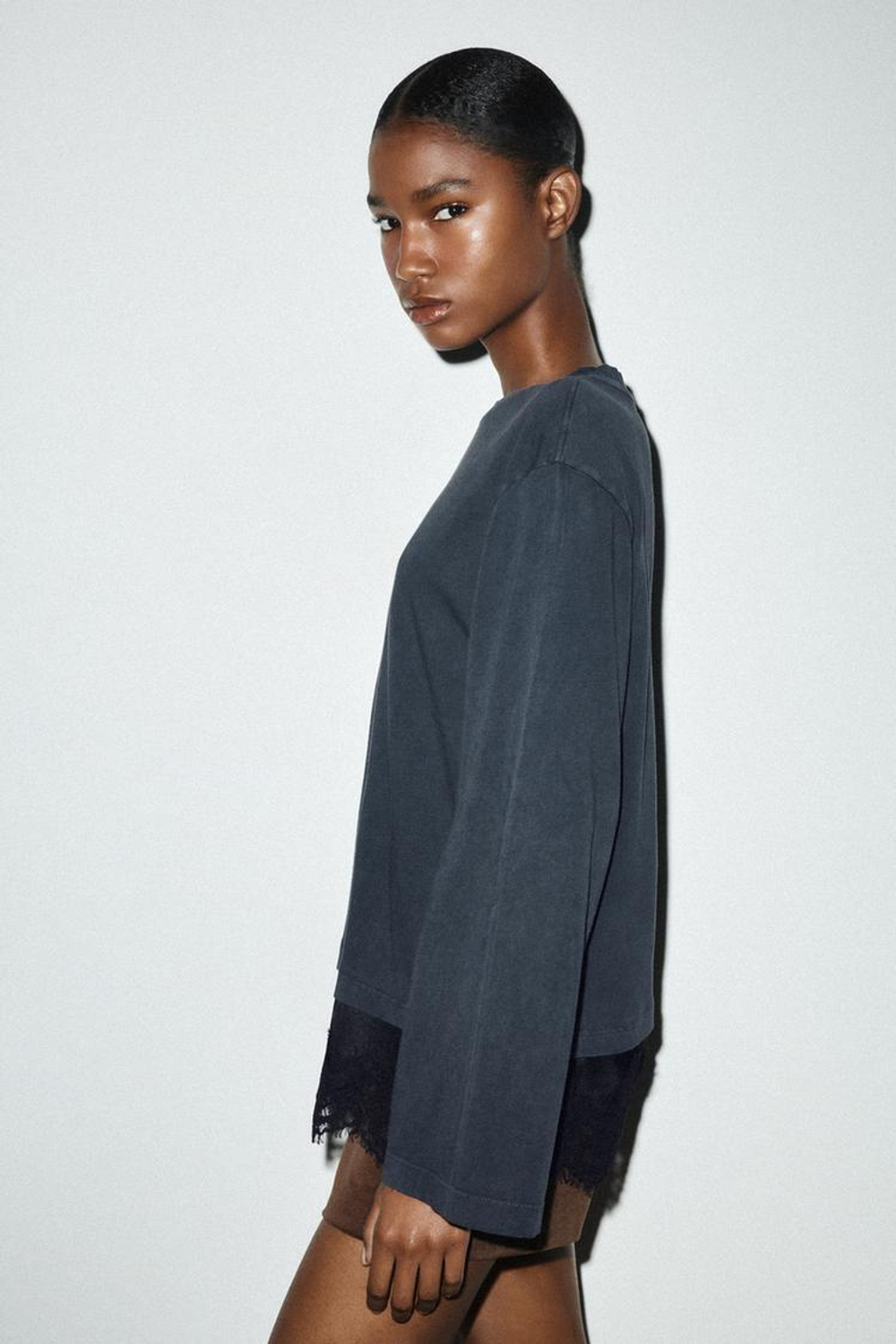 ZARA КОМБИНИРОВАННАЯ ФУТБОЛКА С КРУЖЕВОМ, ЧЕРНЫЙ