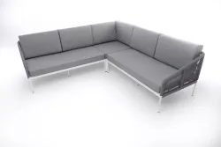 "Канны" диван модульный плетеный из роупа, каркас алюминий белый, роуп светло-серый круглый, ткань светло-серая