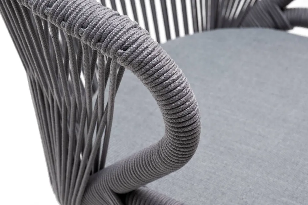 "Милан" стул плетеный из роупа, каркас алюминий белый муар, роуп светло-серый круглый, ткань светло-серая