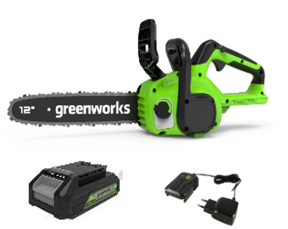 Цепная пила аккумуляторная Greenworks Арт. 2007007UA, 24V, 30см, бесщеточная, c 1хАКБ 2 Ач и ЗУ