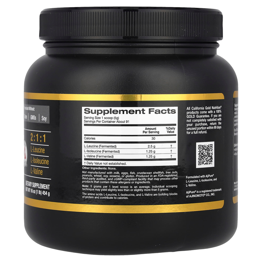 California Gold Nutrition, Sport, BCAA в порошке, аминокислоты с разветвлённой цепью AjiPure® с L-лейцином, L-изолейцином и L-валином, 454 мг (1 фунт)