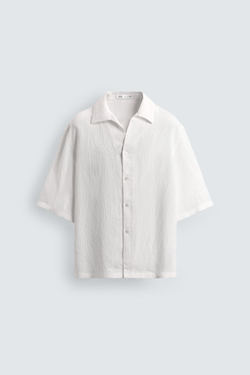 ZARA ЖАККАРДОВАЯ РУБАШКА BOXY FIT В ПОЛОСКУ, БЕЛЫЙ