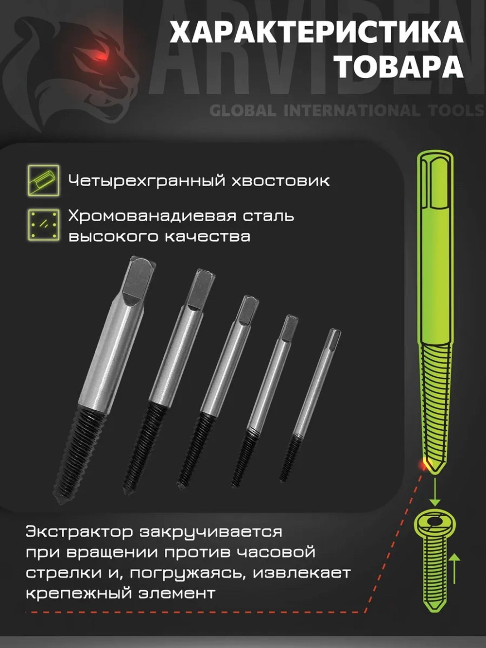 Набор экстракторов квадратный, 5 шт, хром-ван. сталь