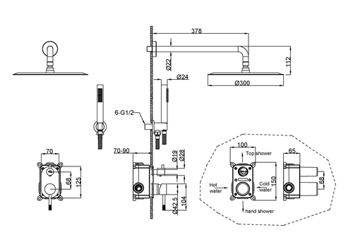 Boheme Смеситель встроенный + верхний+ ручной душ, Uno. Хром