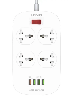 LDNIO cетевой фильтр с умной зарядкой, модель SC4407Q, 2 метра, 4 USB, тройник разветвитель с заземлением и выключателем, белый