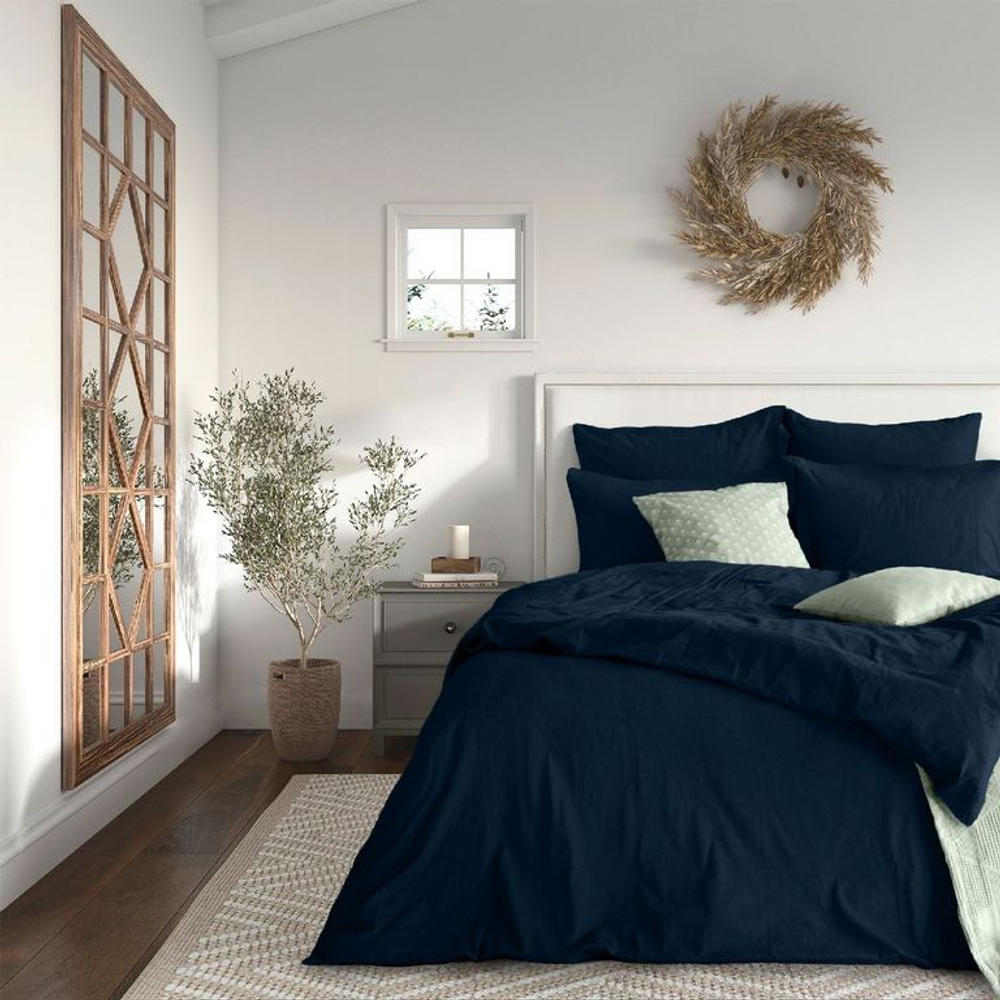 Комплект постельного белья Сатин тёмно-синий ЕВРО