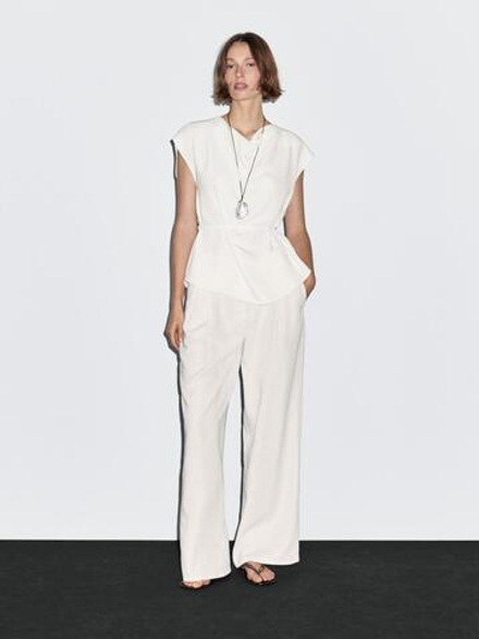 Massimo Dutti Широкие брюки с двойными защипами, белый