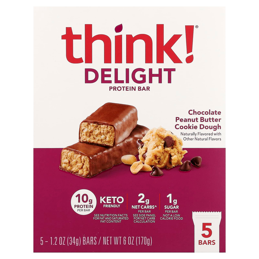 Think !, Delight протеиновый батончик, печенье с шоколадом и арахисовой пастой, 5 шт. по 34 г (1,2 унции)