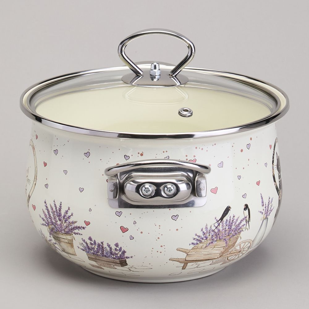 КАСТРЮЛЯ AGNESS ЭМАЛИРОВАННАЯ СО СТЕКЛЯННОЙ КРЫШКОЙ СЕРИЯ "LAVENDER CATS", 2,8 Л ДИА. 20СМ