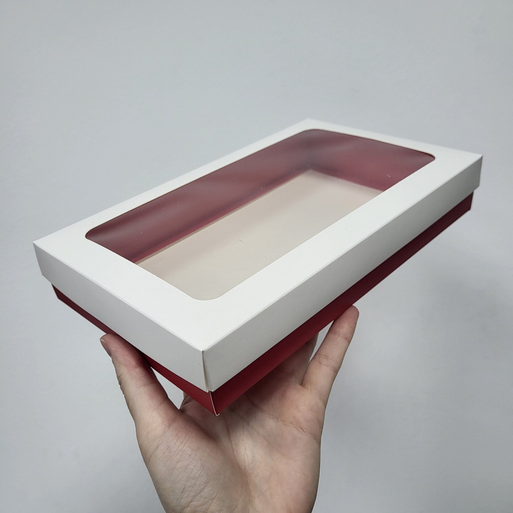 Коробка 25*15*4 см для клубники в шоколаде (Бело-красная, СОБРАННАЯ)