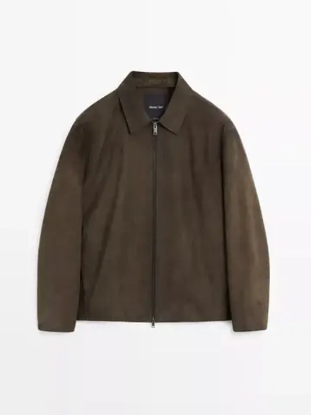 Massimo Dutti Куртка из кожи наппа с застежкой-молнией, зеленый