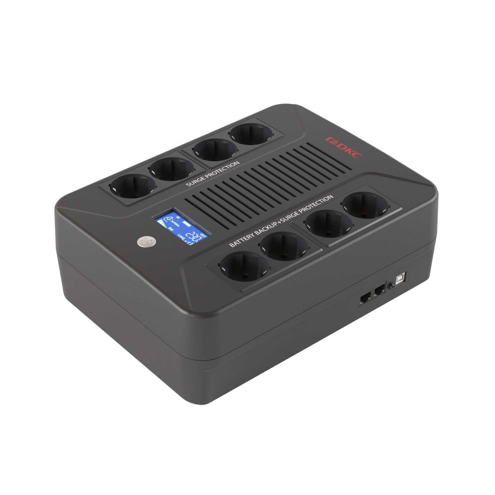 Линейно-интерактивный ИБП ДКС серии Info PDU, 600 ВА/360 Вт, 1/1,8xSchuko, USB + RJ11, LCD, 1x7Aч