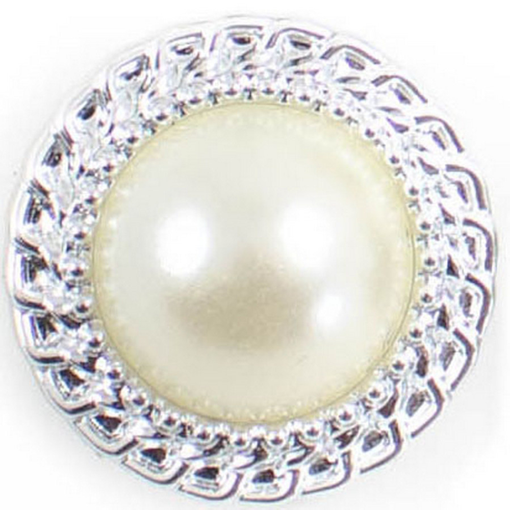 пуговица белый-серебро 15мм/24L пластик, вставка жемчуг, на ножке NE202 (30р)