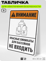 Табличка для обеспечения безопасности "Внимание опасные химикаты для бассейнов не входить", для производства, предприятия, организаций, 40х30 см, Silver Plane x Айдентика Технолоджи