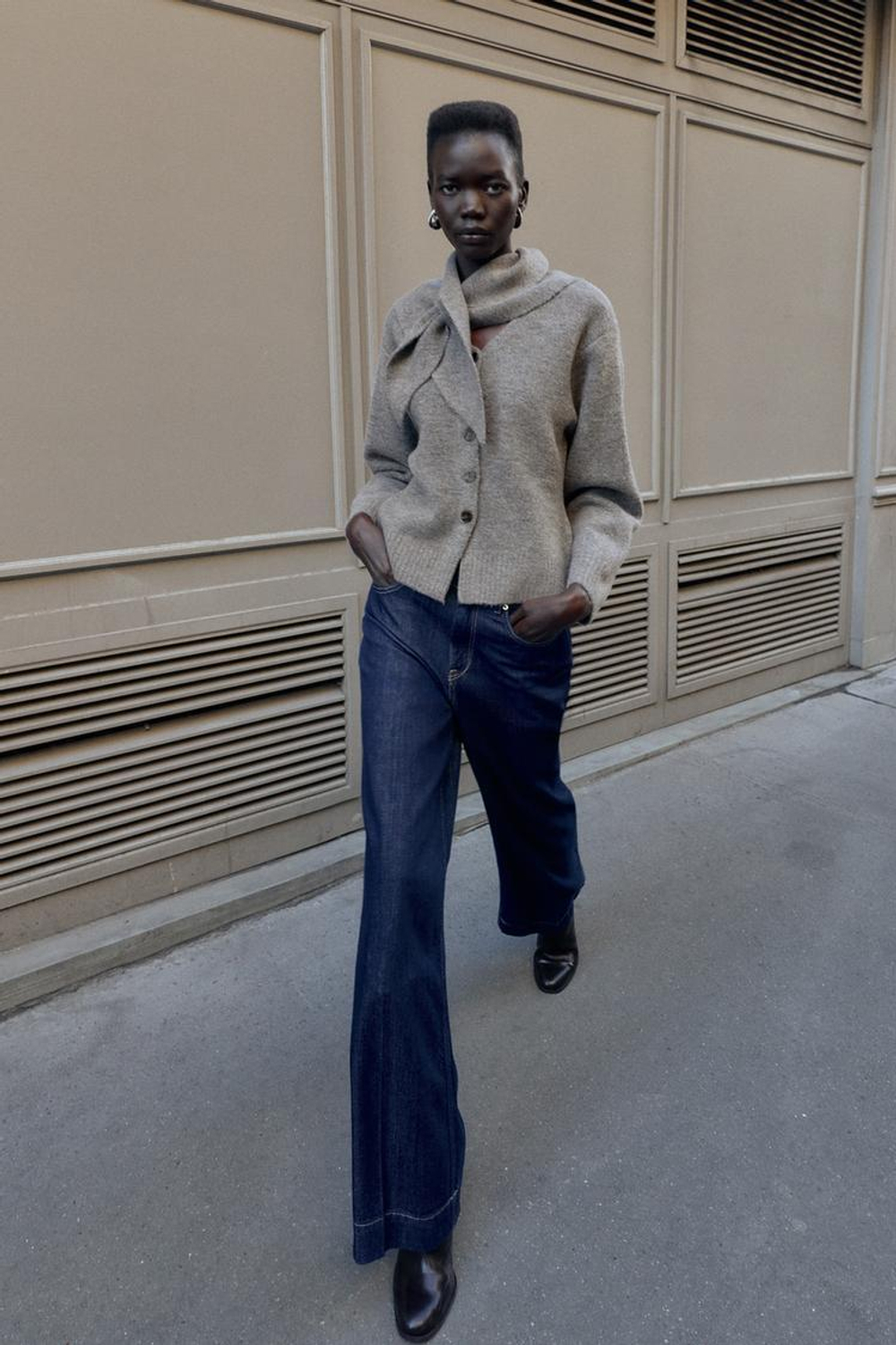 ZARА КАРДИГАН С ШАРФОМ, СЕРО-КОРИЧНЕВЫЙ