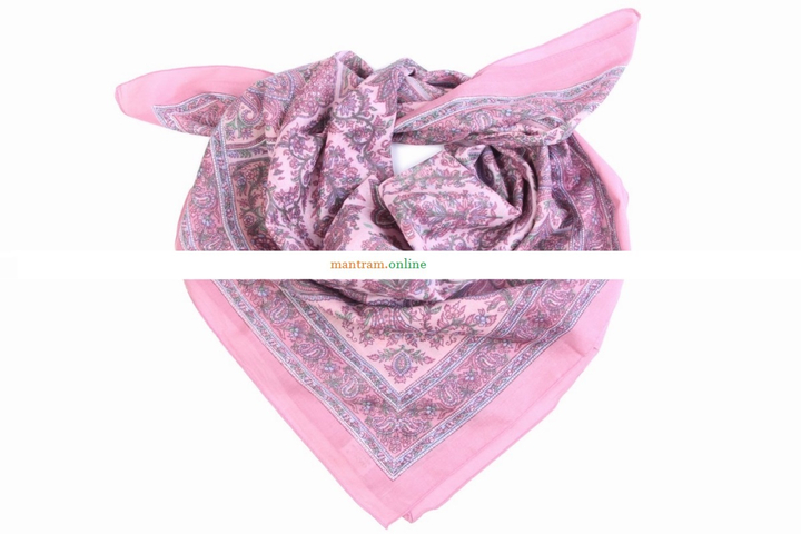 Платок материал Хлопок 100% "Огурцы, цветы" цвет голубой зеленый, розовая кайма 100x100 см.