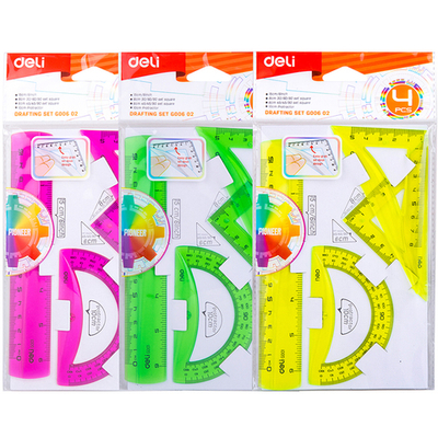 Набор линеек Deli "Pioneer" (треугольник .2 шт, линейка 15 см,транспортир), ассорти